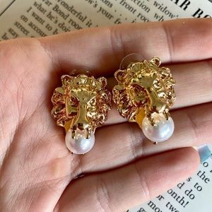 Gold Lion Head Earrings Pearl Door Knocker Style Retro Post